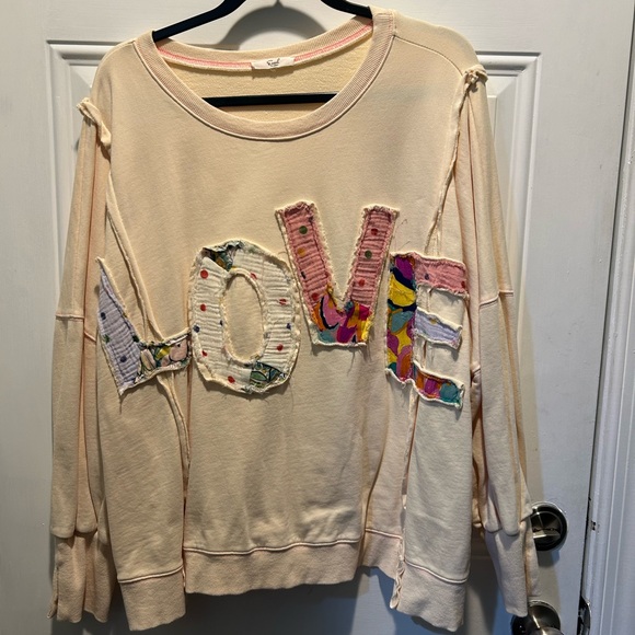 easel Tops - Easel Cream and Pink Stitch Sweatshirt Similar to Free People